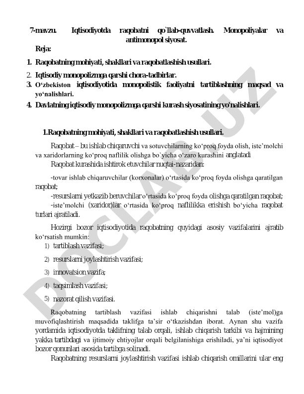 Iqtisodiyotda raqobatni qo'llab-quvvatlash, monopoliyalar va antimonopol siyosat