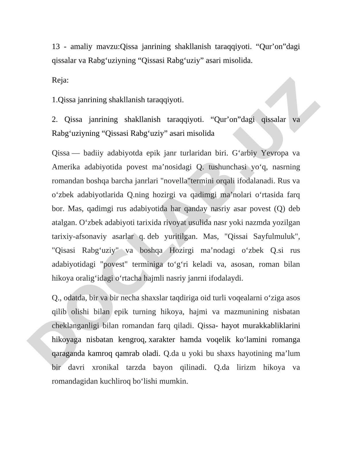Qissа jаnrining shаkllаnish tаrаqqiyoti. “Qur’оn”dаgi qissаlаr vа Rаbg‘uziyning “Qissаsi Rаbg‘uziy” аsаri misоlidа.