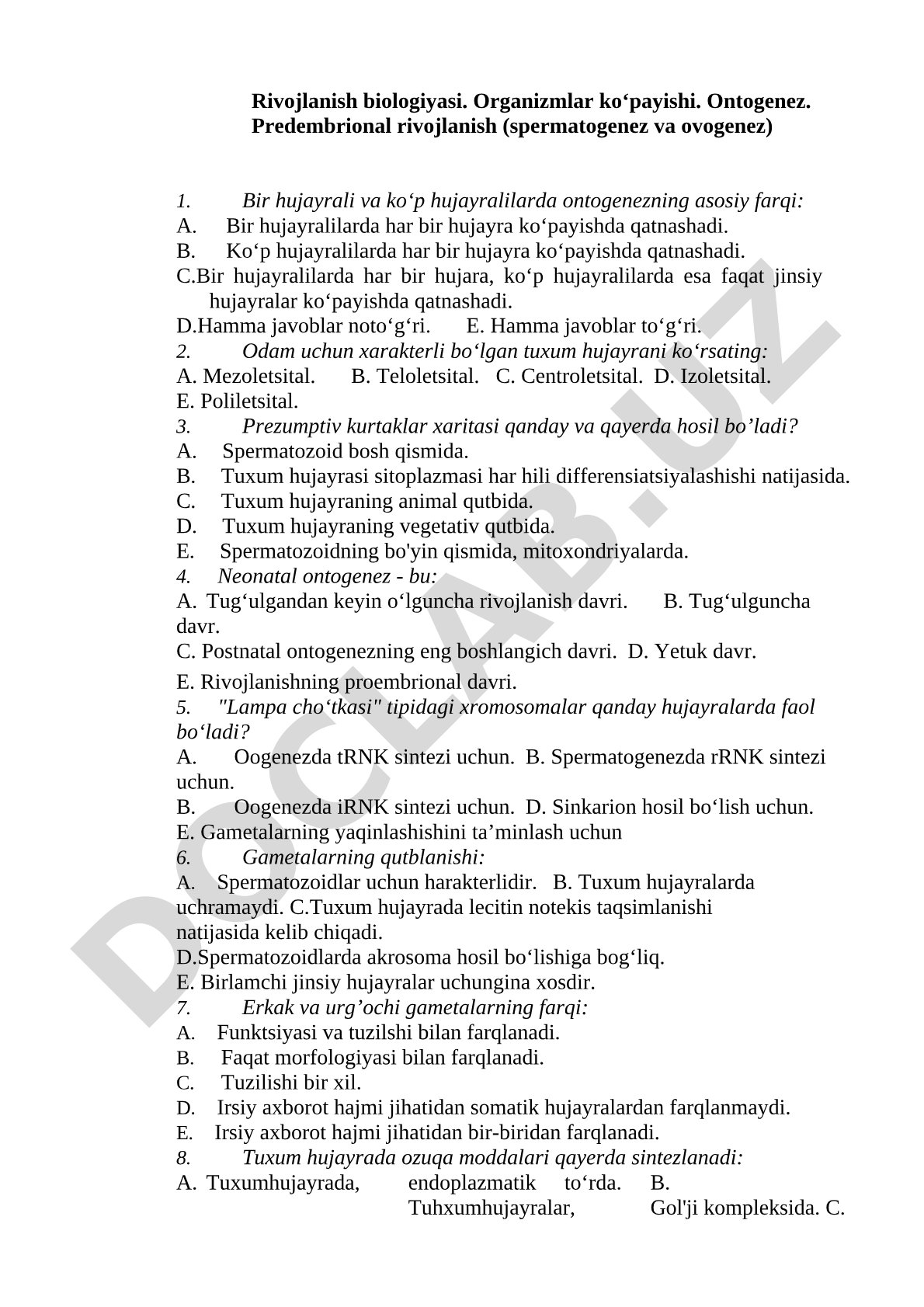 Rivojlanish biologiyasi va ontogenez