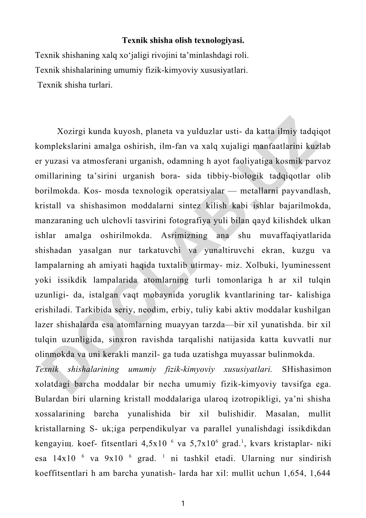 Texnik shisha olish texnologiyasi va xalq xo'jaligidagi roli
