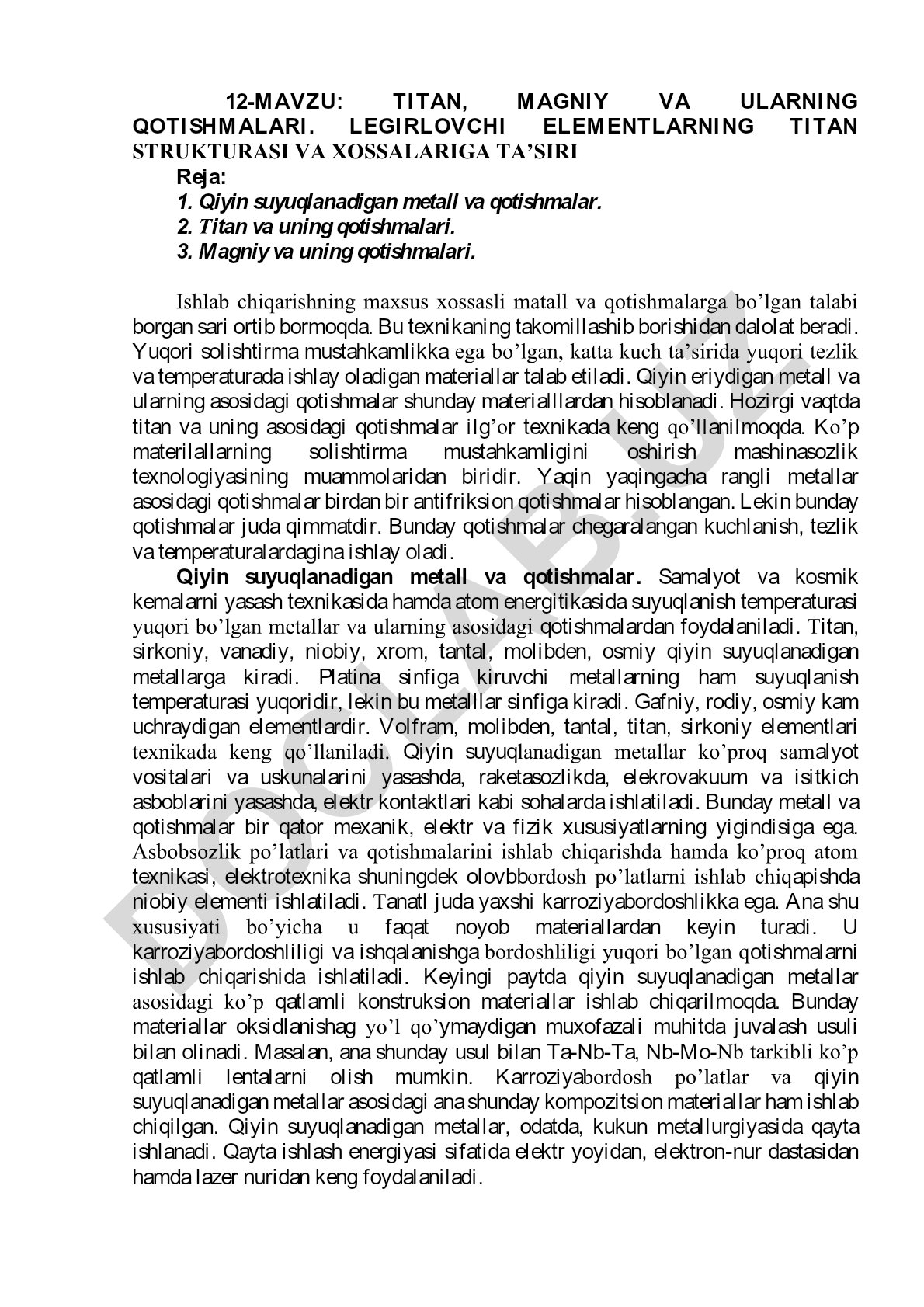 Titan, magniy va ularning qotishmalari. Legirlovchi elementlarning titan strukturasi va xossalariga ta'siri