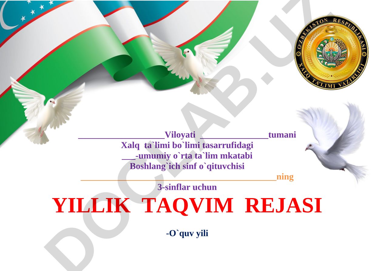 Boshlang'ich sinf ona tili fanidan yillik taqvim rejasi