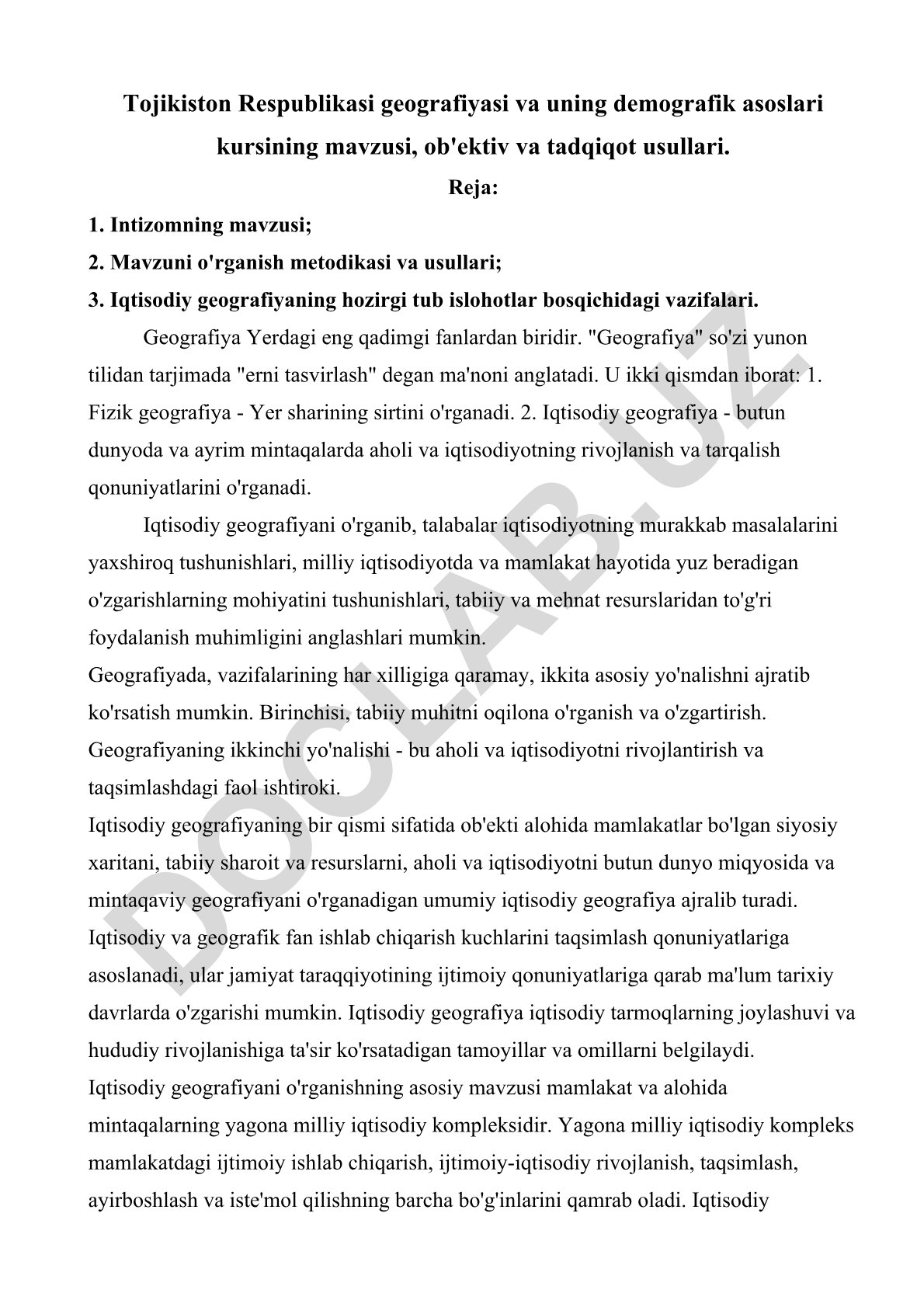 Tojikiston Respublikasi geografiyasi va uning demografik asoslari