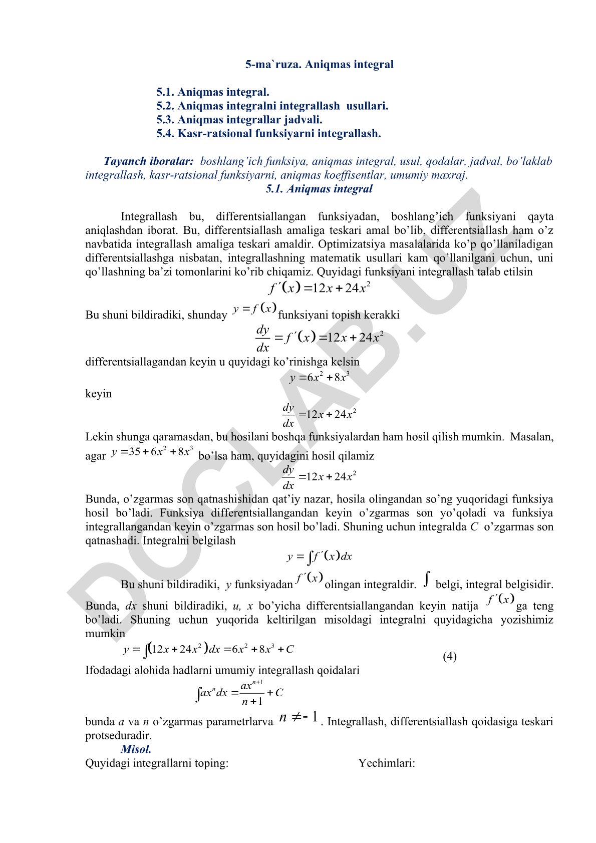 Aniqmas integral va uning integrallash usullari