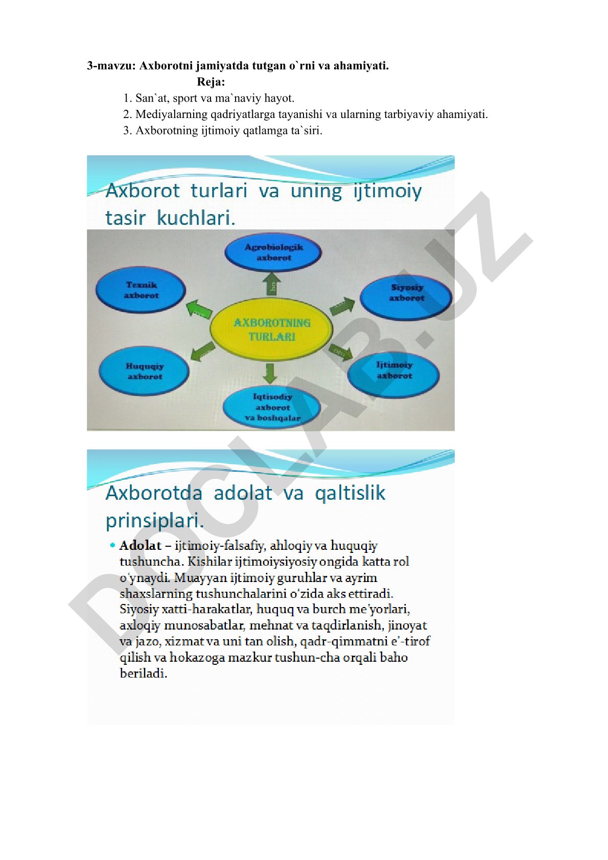 Axborotni jamiyatda tutgan o`rni va ahamiyati