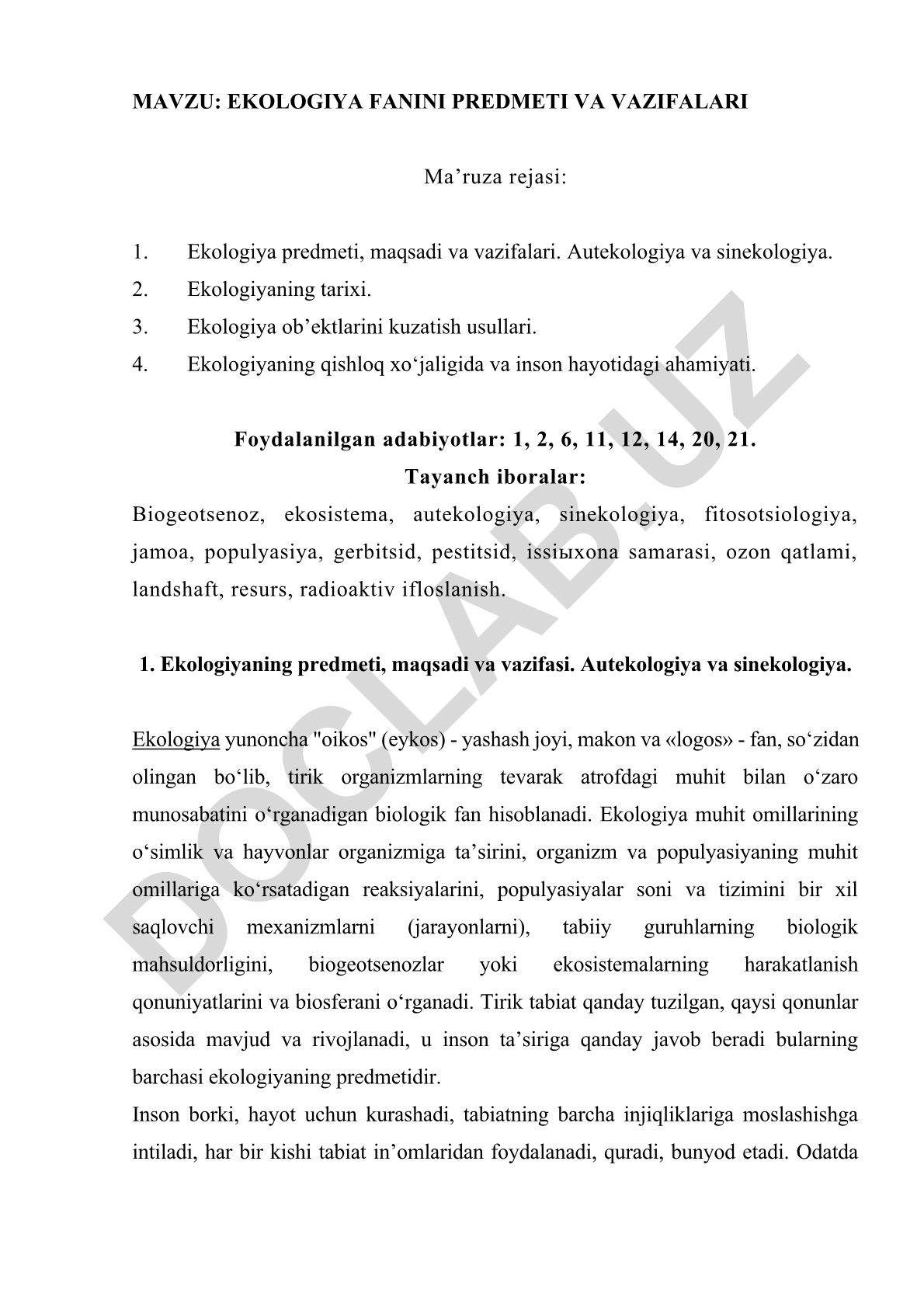 Ekologiya fanining predmeti va vazifalari