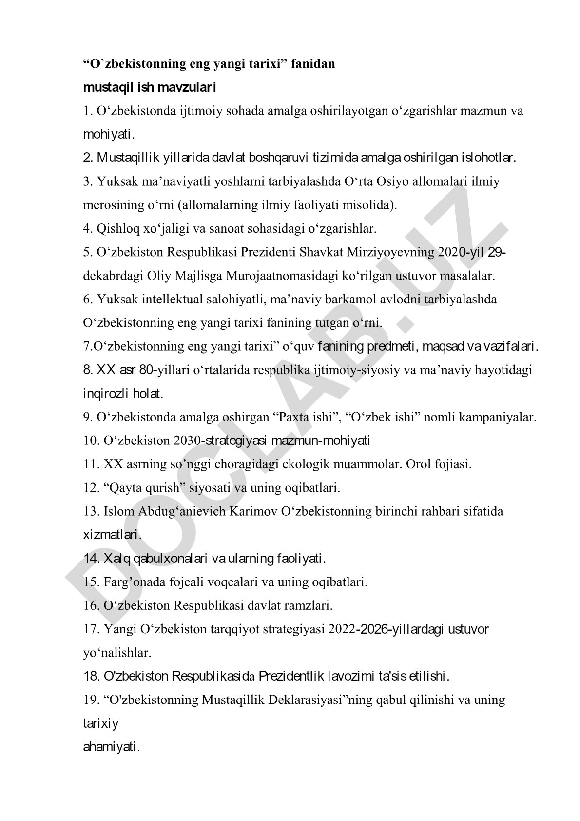 O‘zbekistonning eng yangi tarixi fanidan mustaqil ish mavzulari