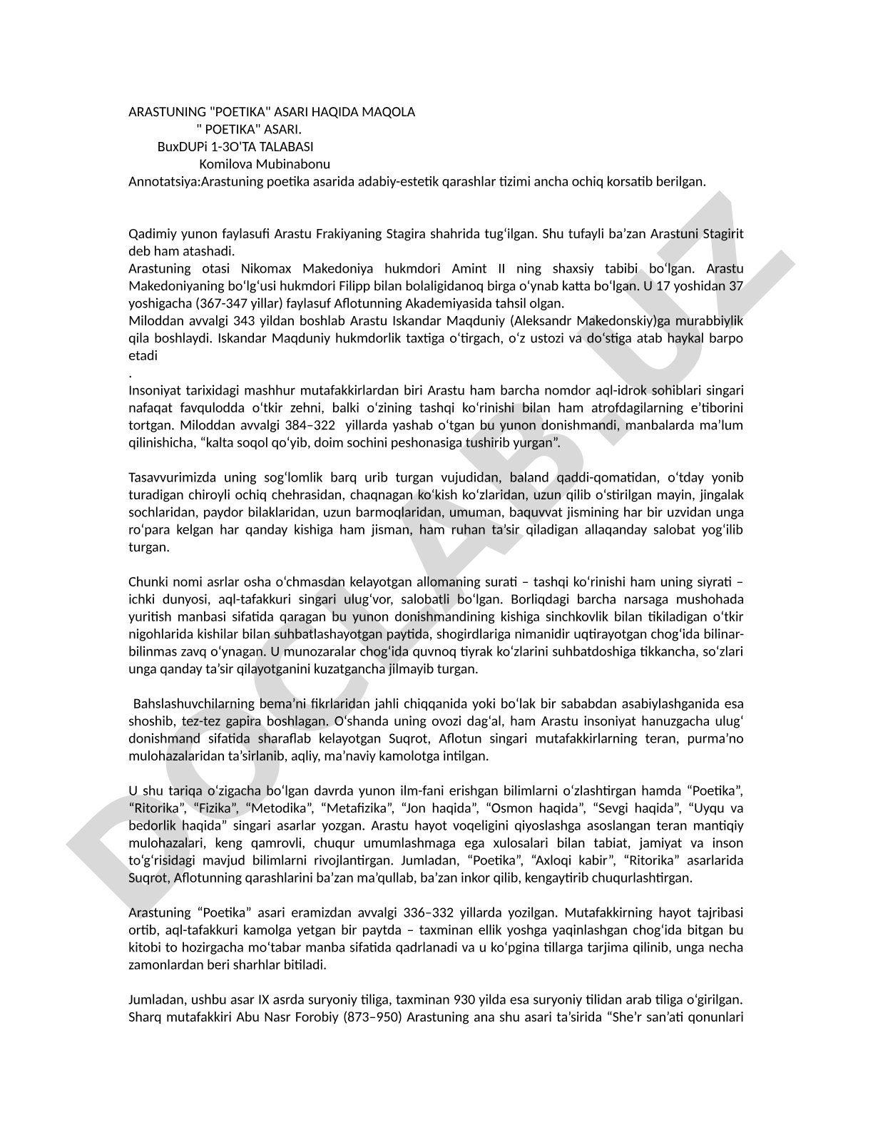 Arastuning 'Poetika' asari
