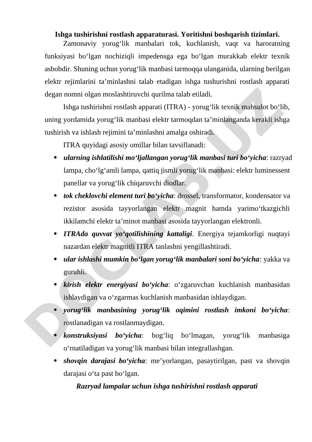Ishga tushirishni rostlash apparaturasi va yoritishni boshqarish tizimlari