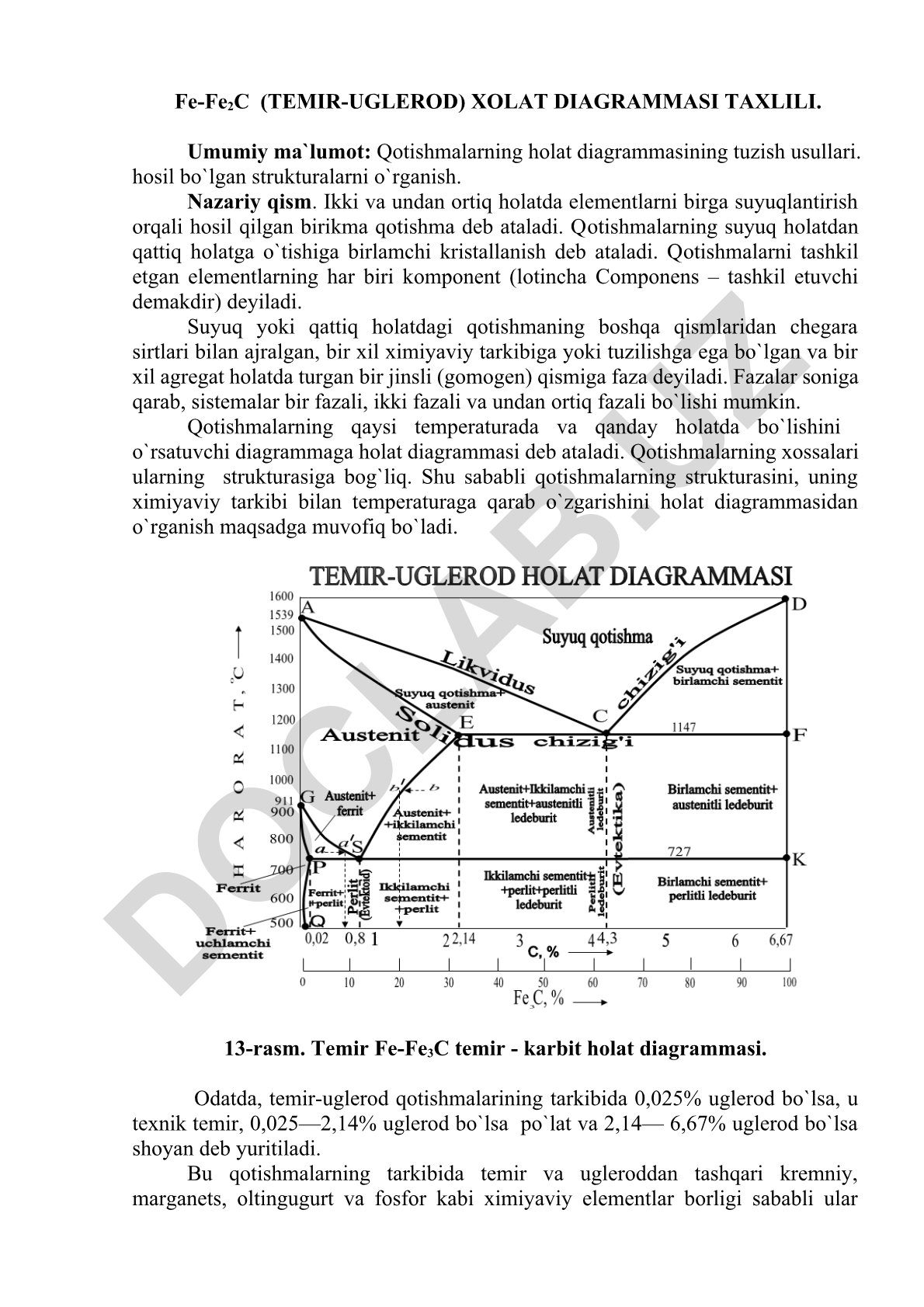Fe-Fe2C (Temir-Uglerod) holat diagrammasi tahlili
