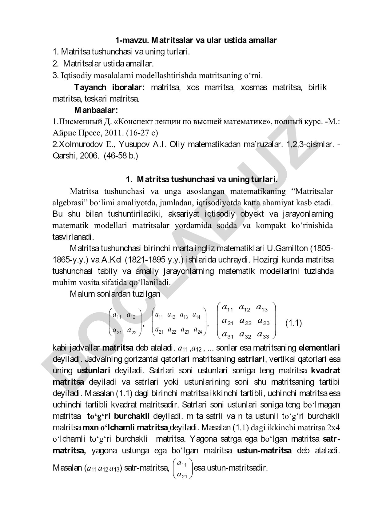 Matritsalar va ular ustida amallar