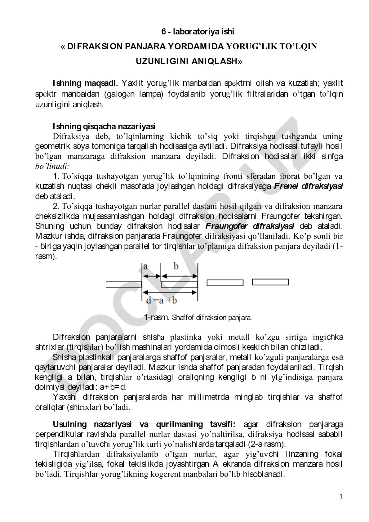 Difraksion panjara yordamida yorug'lik to'lqin uzunligini aniqlash