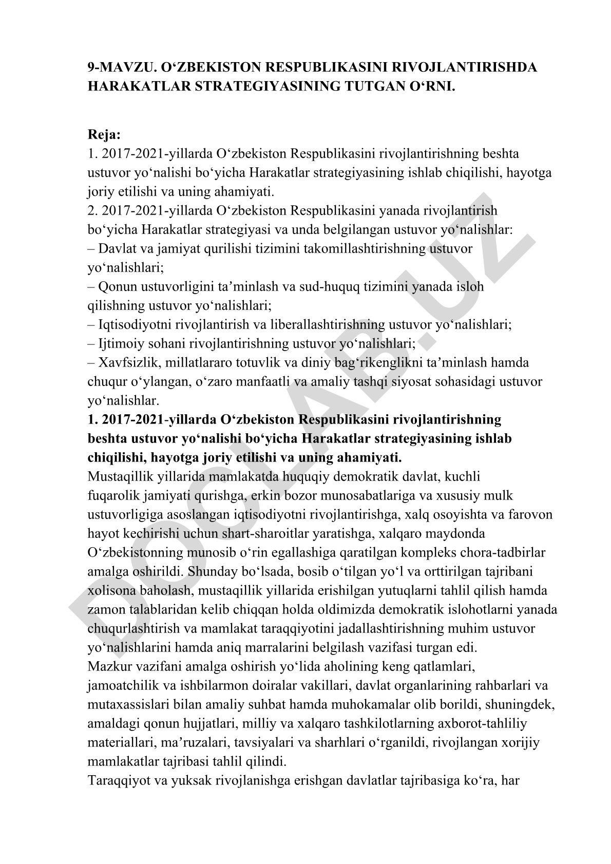 O‘zbekiston Respublikasini rivojlantirishda Harakatlar strategiyasining tutgan o‘rni