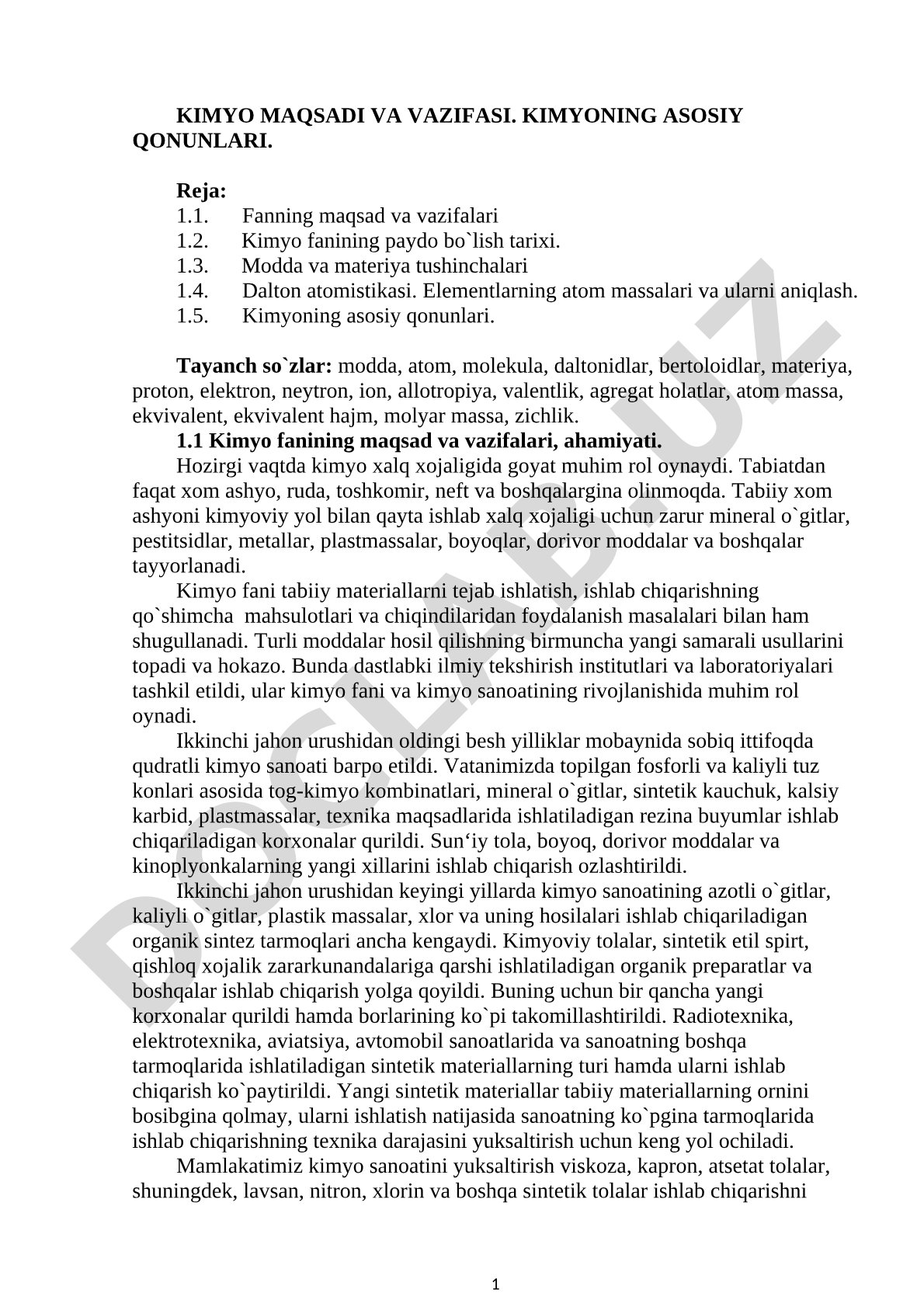 Kimyo maqsadi va vazifasi. Kimyoning asosiy qonunlari