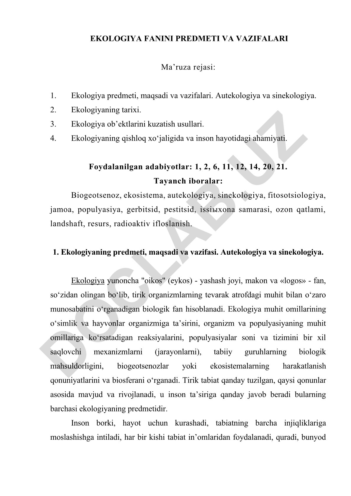 Ekologiya fanining predmeti, maqsadi va vazifalari