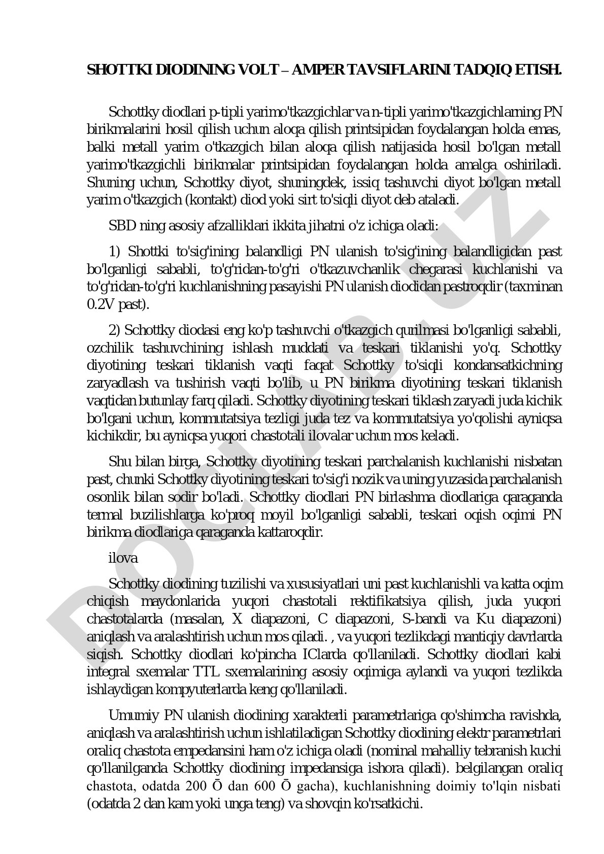 Shottki diodining volt-amper tavsiflarini tadqiq etish