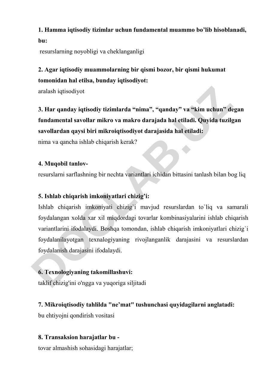 Iqtisodiy tizimlar va ishlab chiqarish imkoniyatlari