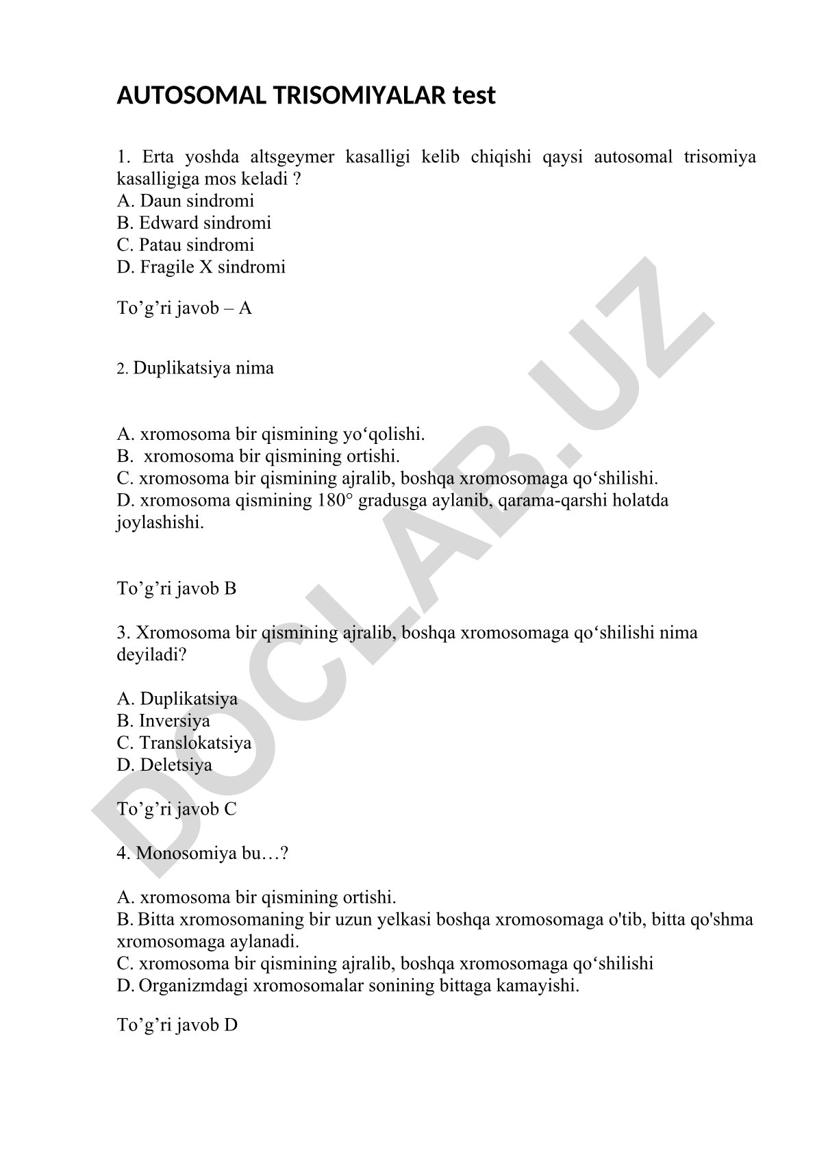 Autosomal trisomyalar test savollari va javoblari