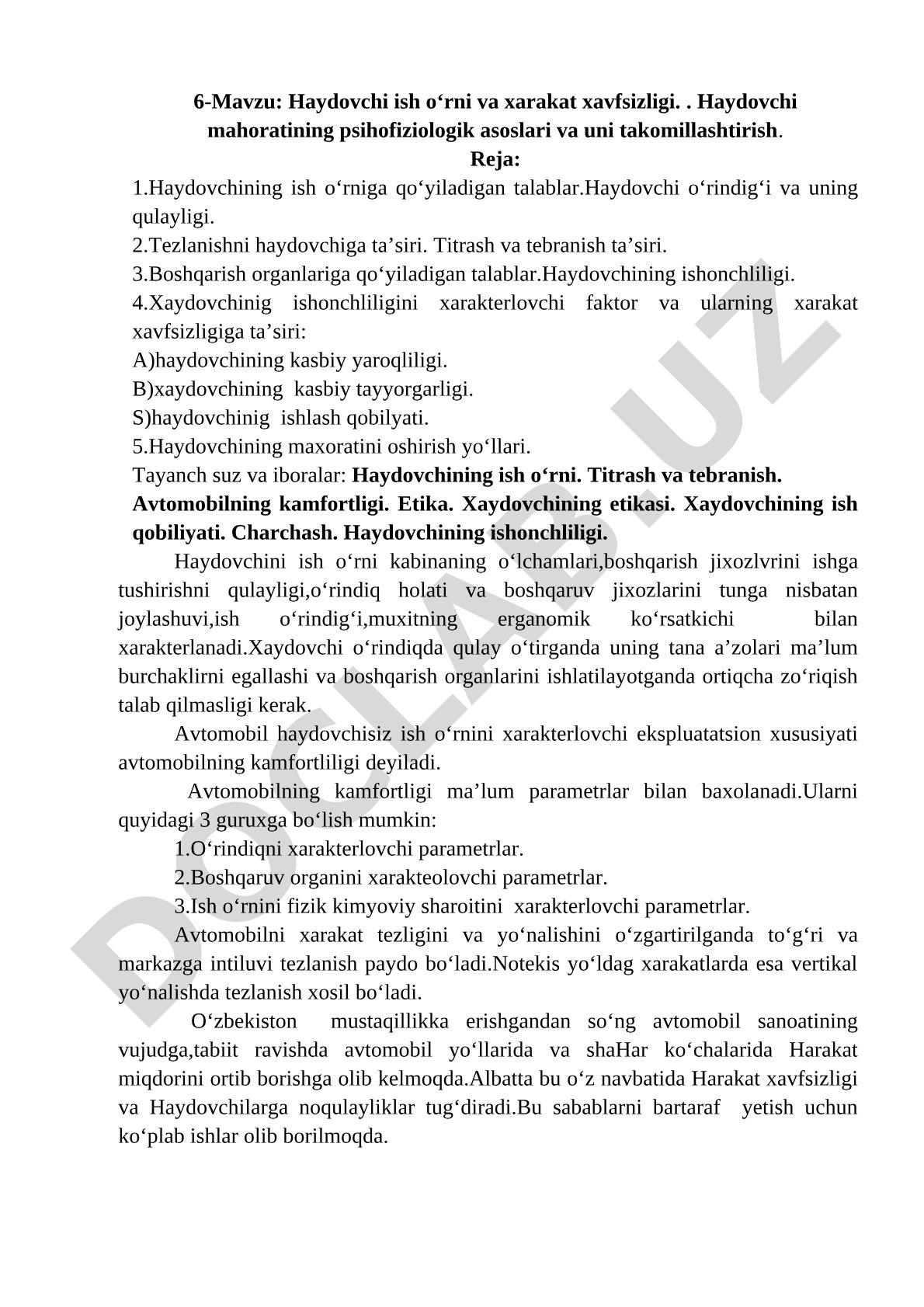 Haydovchi ish o‘rni va xarakat xavfsizligi