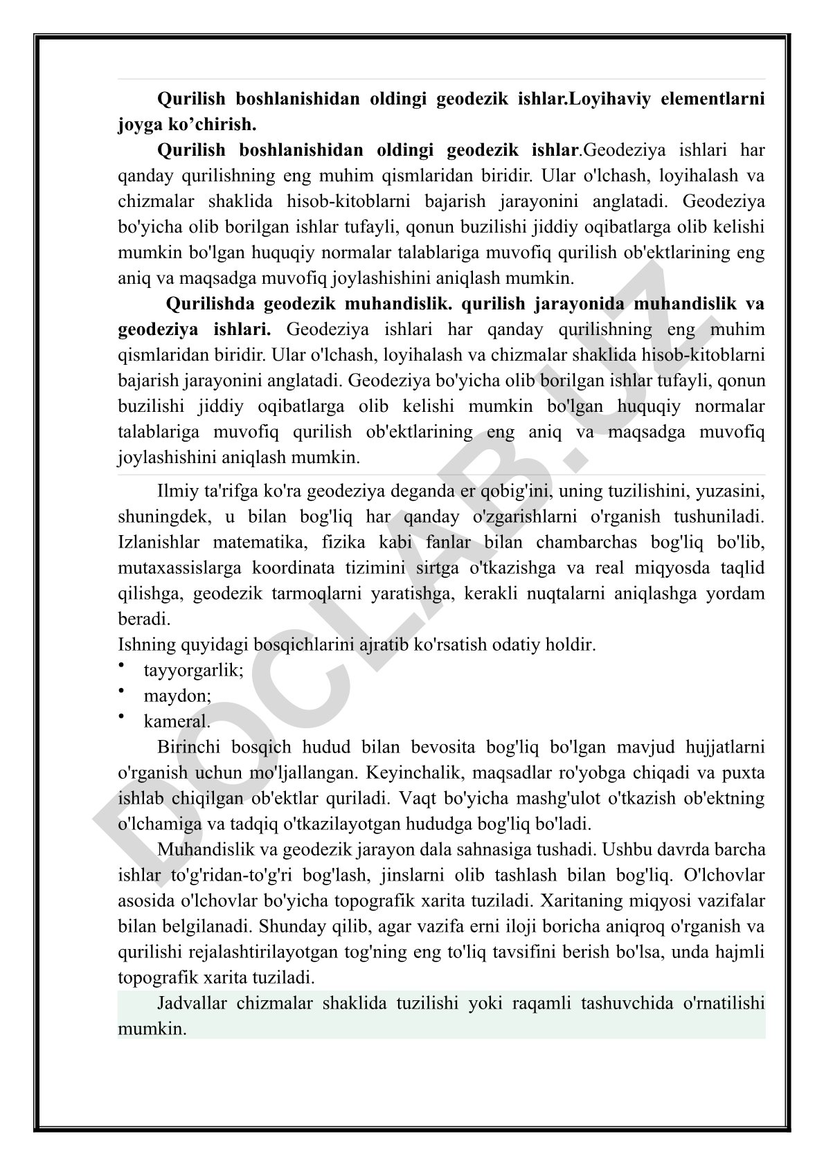 Qurilish boshlanishidan oldingi geodezik ishlar va loyihaviy elementlarni joyga ko'chirish