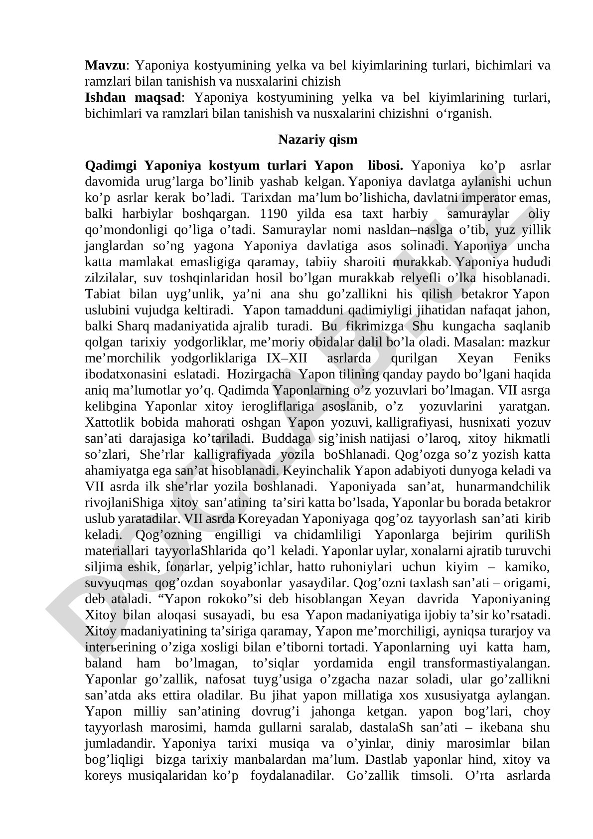 Yaponiya kostyumining yelka va bel kiyimlarining turlari, bichimlari va ramzlari bilan tanishish va nusxalarini chizish