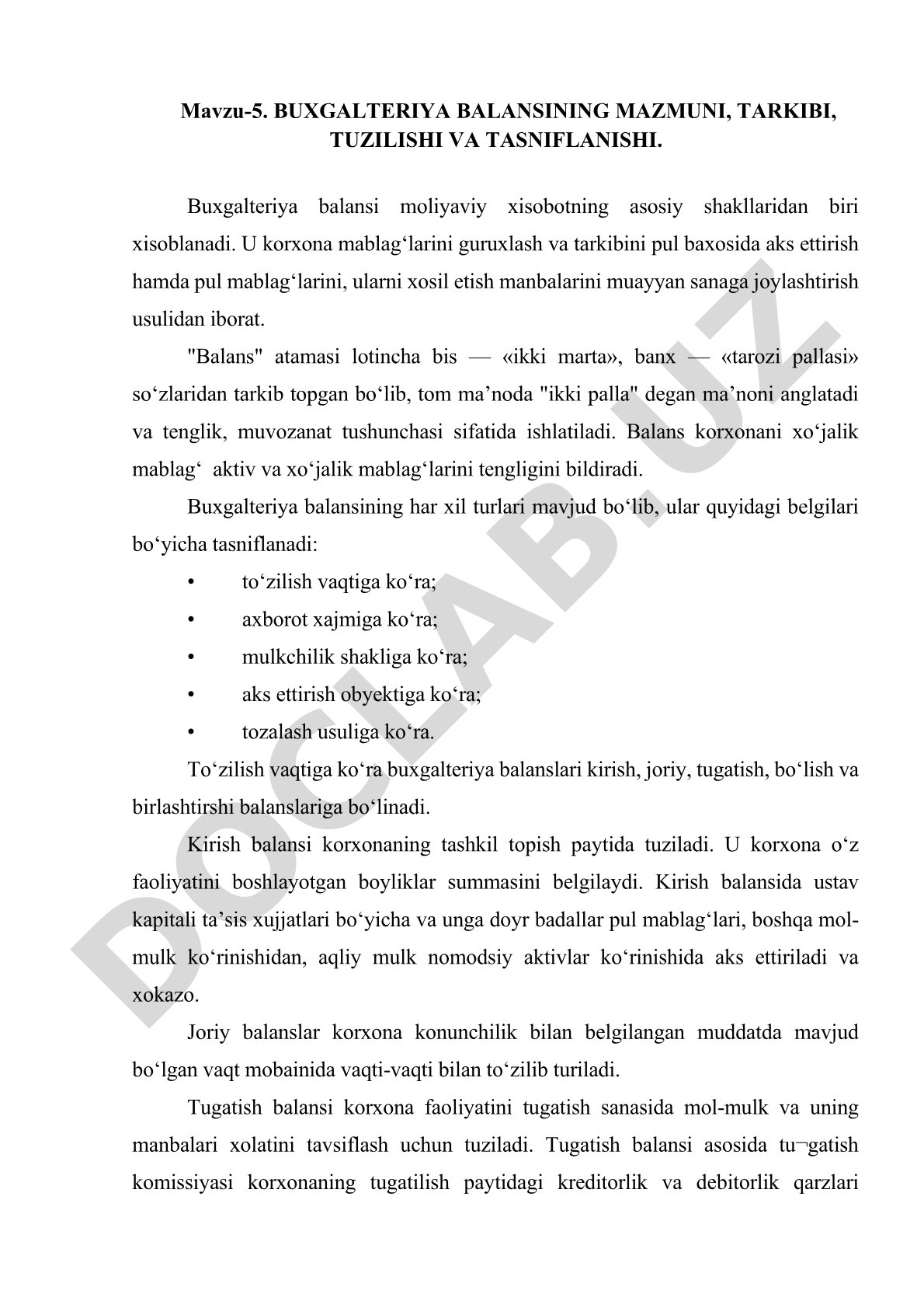 Buxgalteriya balansining mazmuni, tarkibi, tuzilishi va tasniflanishi