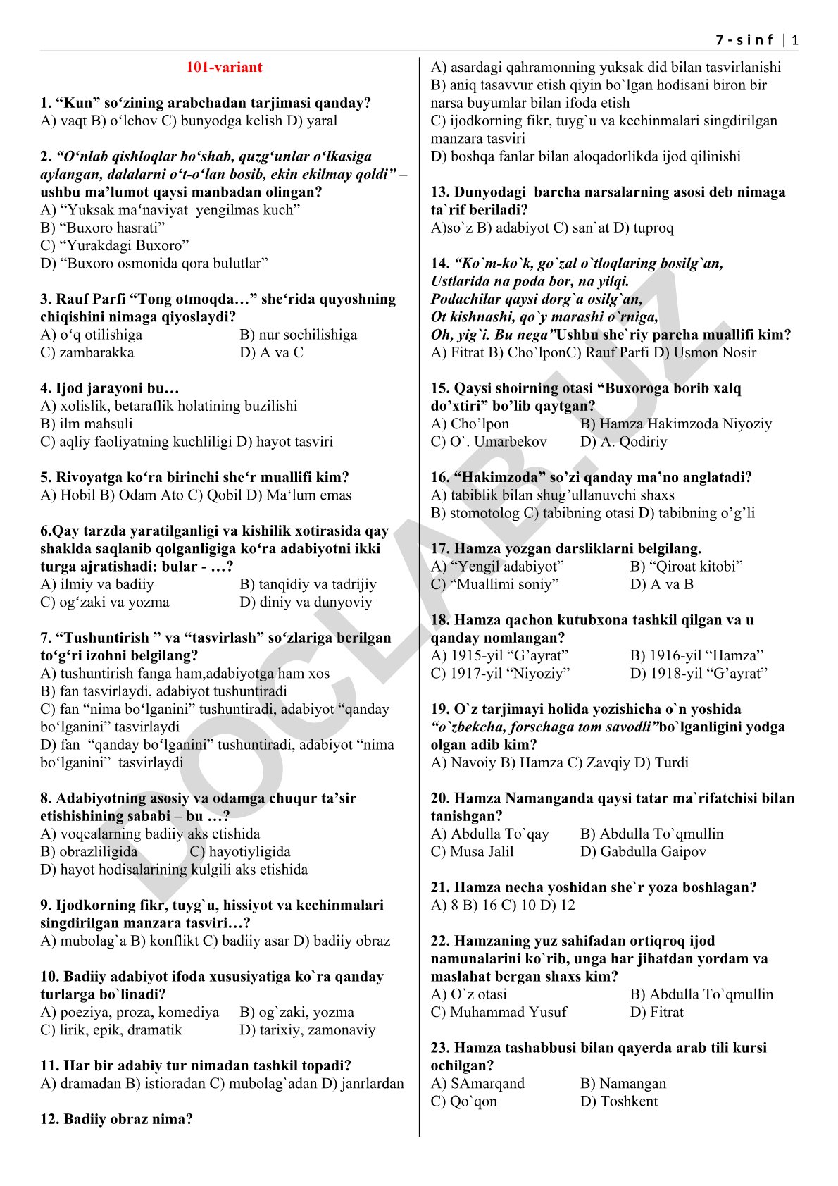 Adabiyot fanidan test savollari