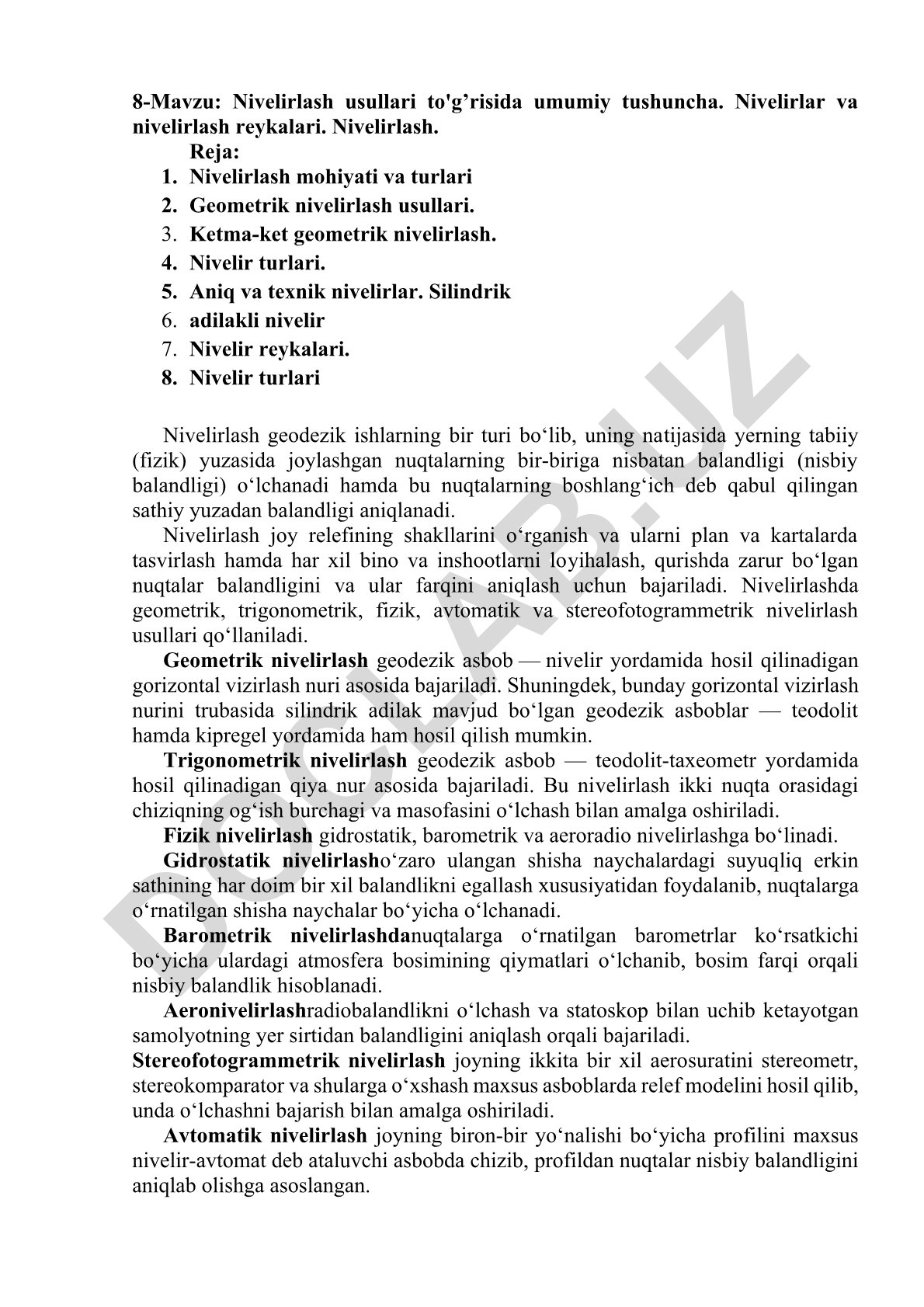 Nivelirlash usullari to'g’risida umumiy tushuncha