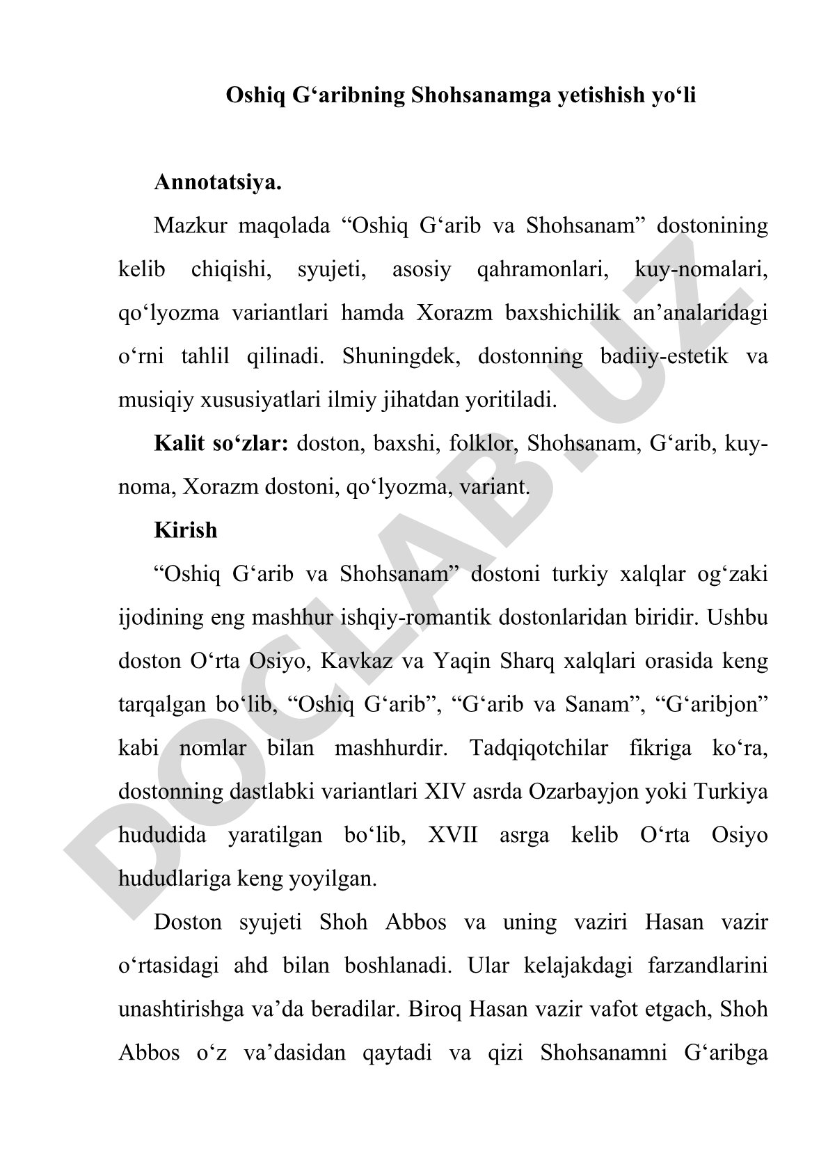 Oshiq G‘arib va Shohsanam dostonining tahlili