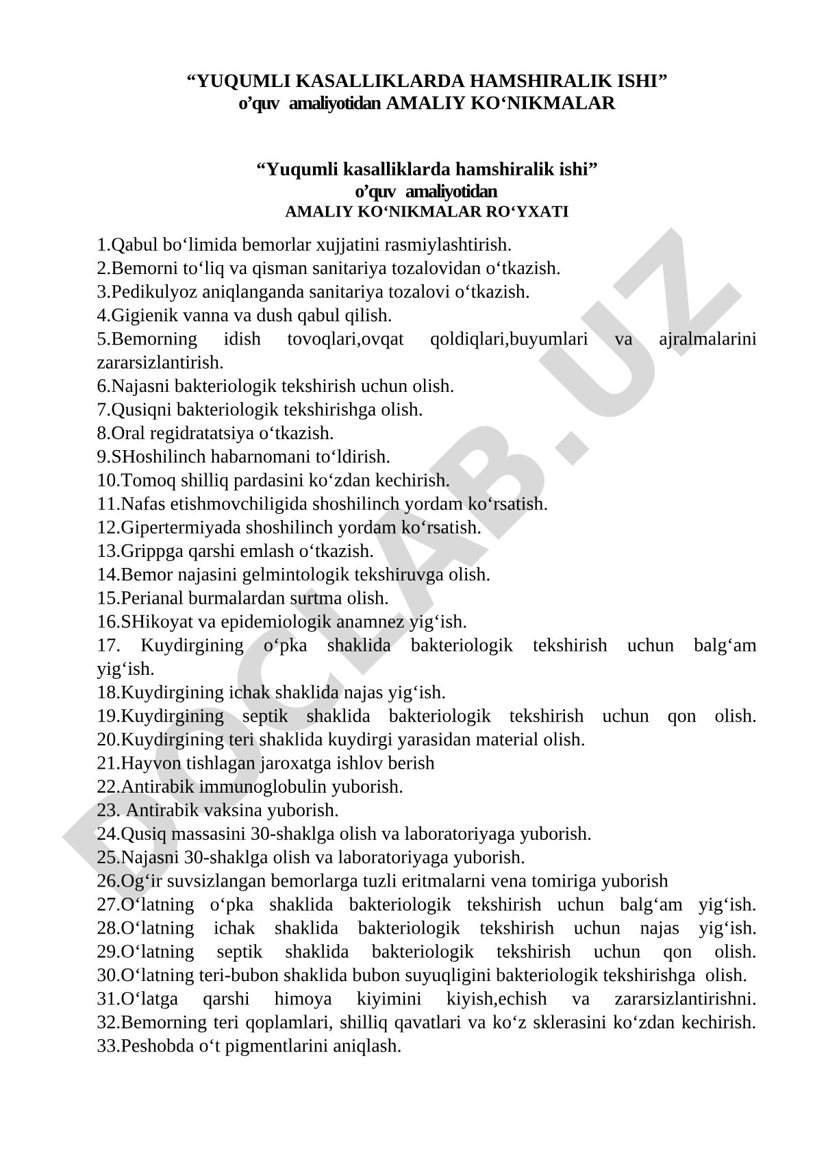 Yuqumli kasalliklarda hamshiralik ishi o'quv amaliyotidan AMALIY KO'NIKMALAR RO'YXATI