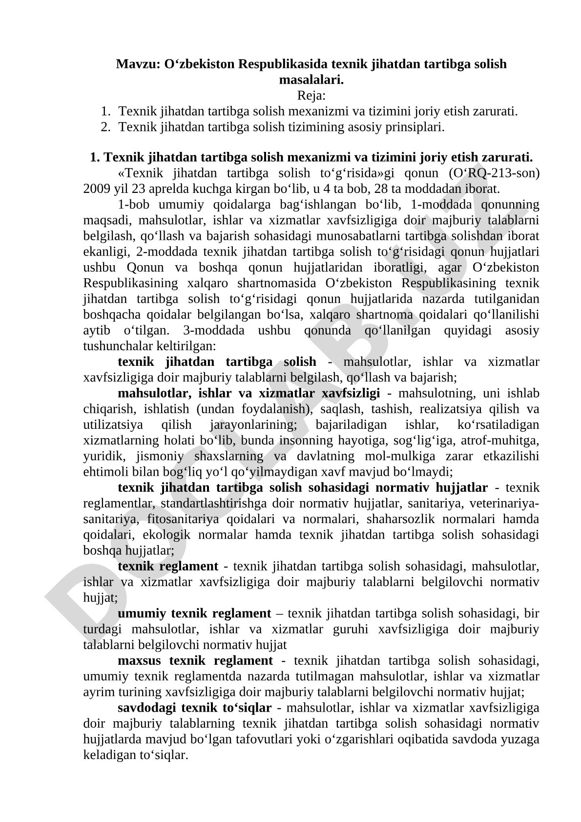 O‘zbekiston Respublikasida texnik jihatdan tartibga solish masalalari