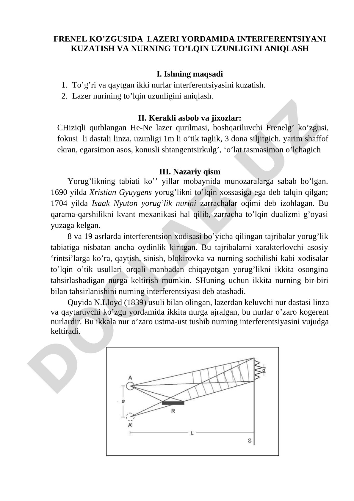 Frenel ko'zgusida lazeri yordamida interferentsiyani kuzatish va nurning to'lqin uzunligini aniqlash