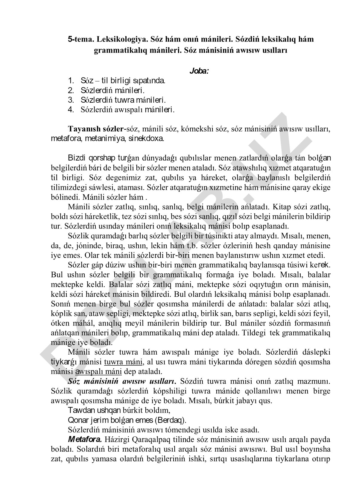 Leksikologiya. Sóz hám onıń mánileri. Sózdiń leksikalıq hám grammatikalıq mánileri