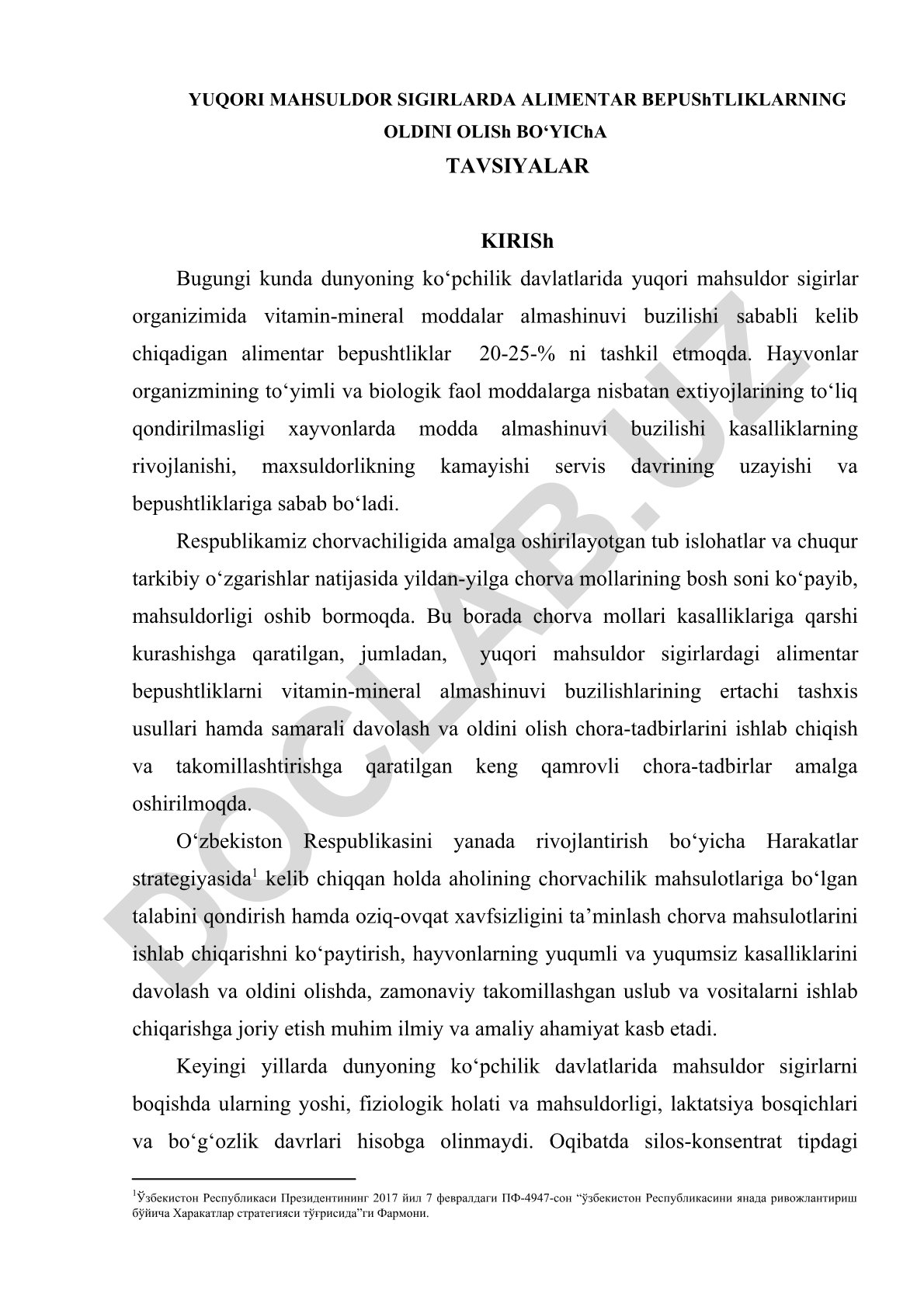 Yuqori mahsuldor sigirlarda alimentar bepushtliklarning oldini olish