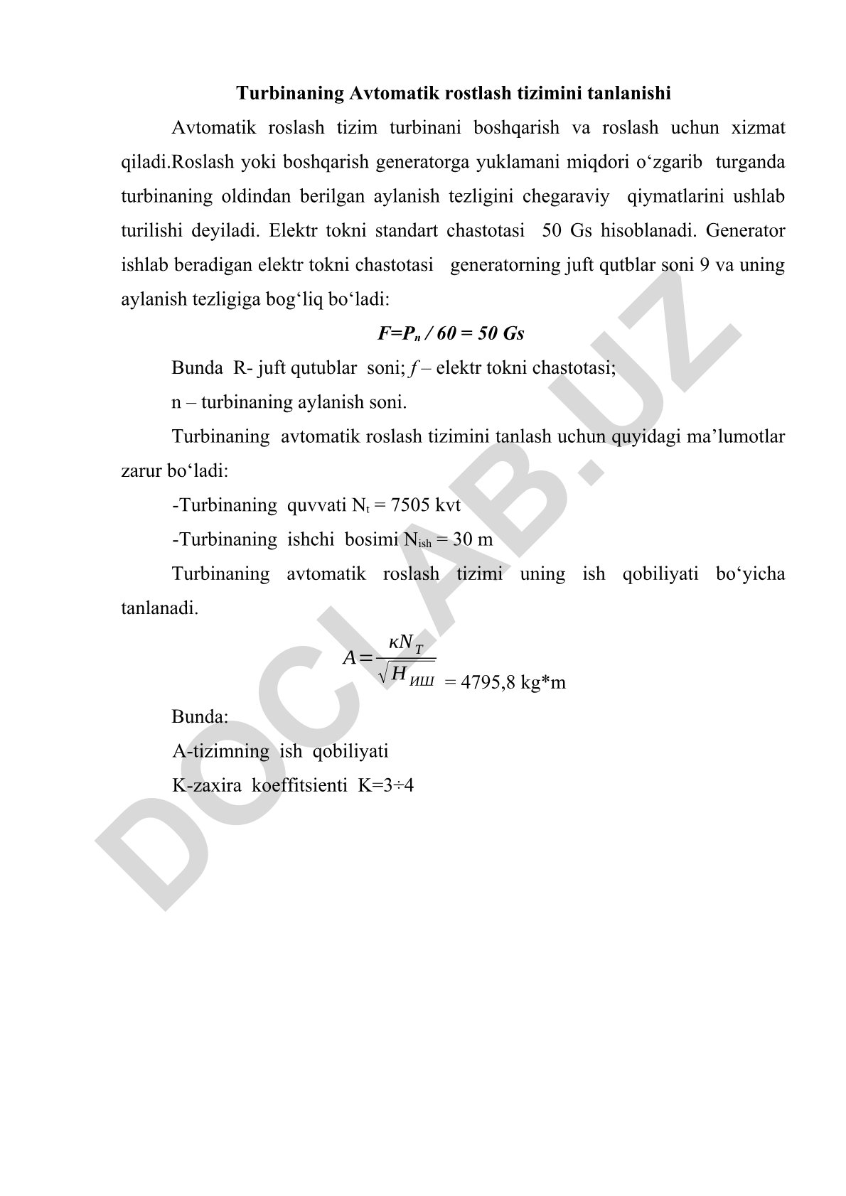 Turbinaning avtomatik rostlash tizimini tanlanishi