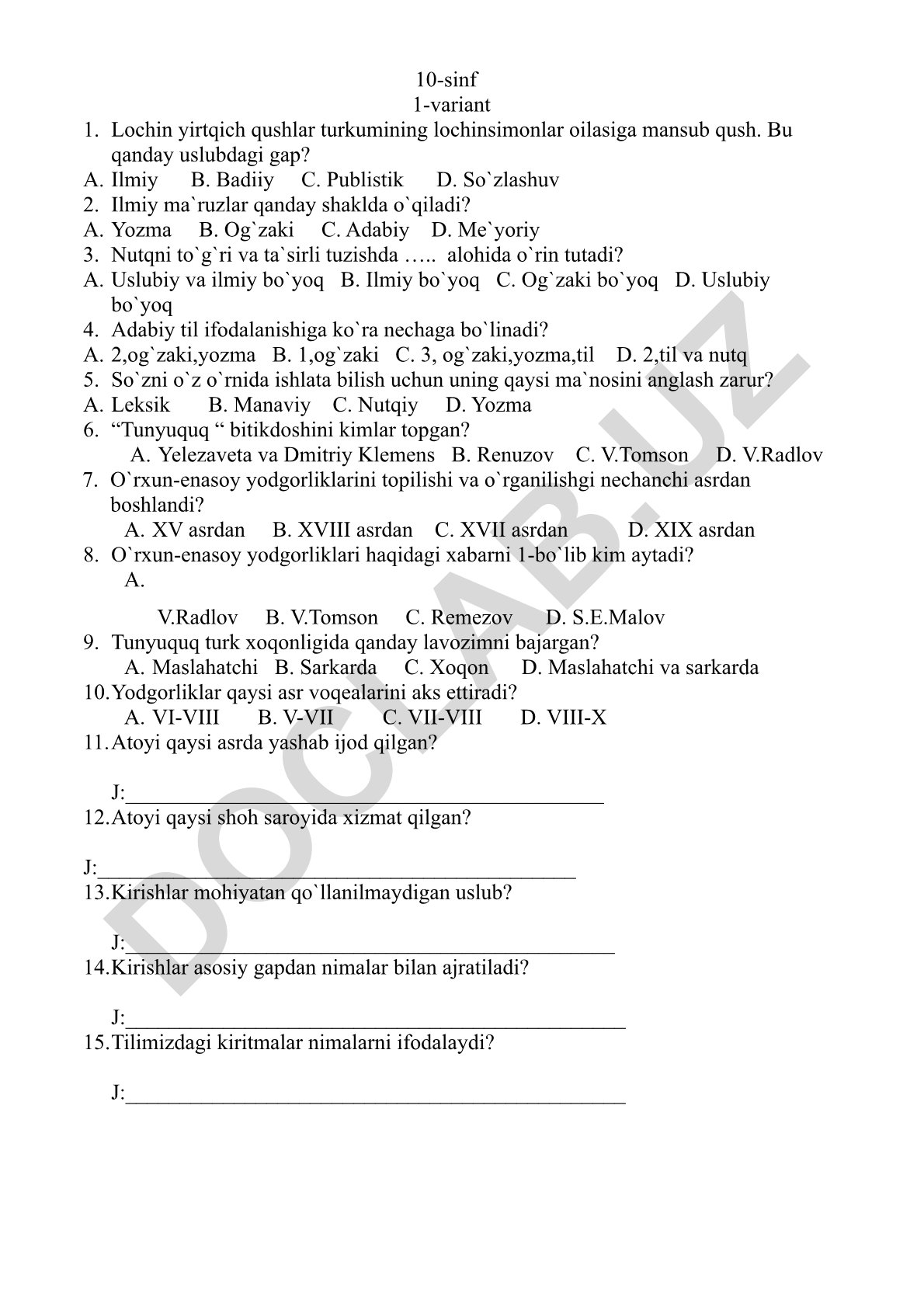 O'zbek tili va adabiyoti fanidan 10-sinf test savollari