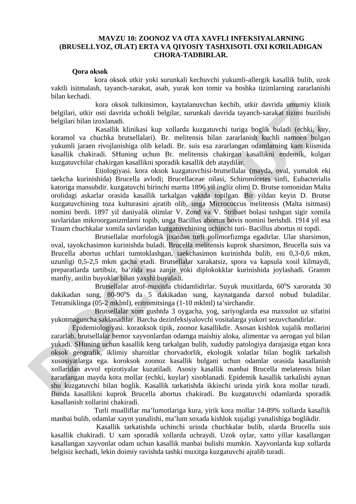 Zoonoz va o'ta xavfli infeksiyalarning (brusellyoz, o'lat) erta va qiyosiy tashxisoti