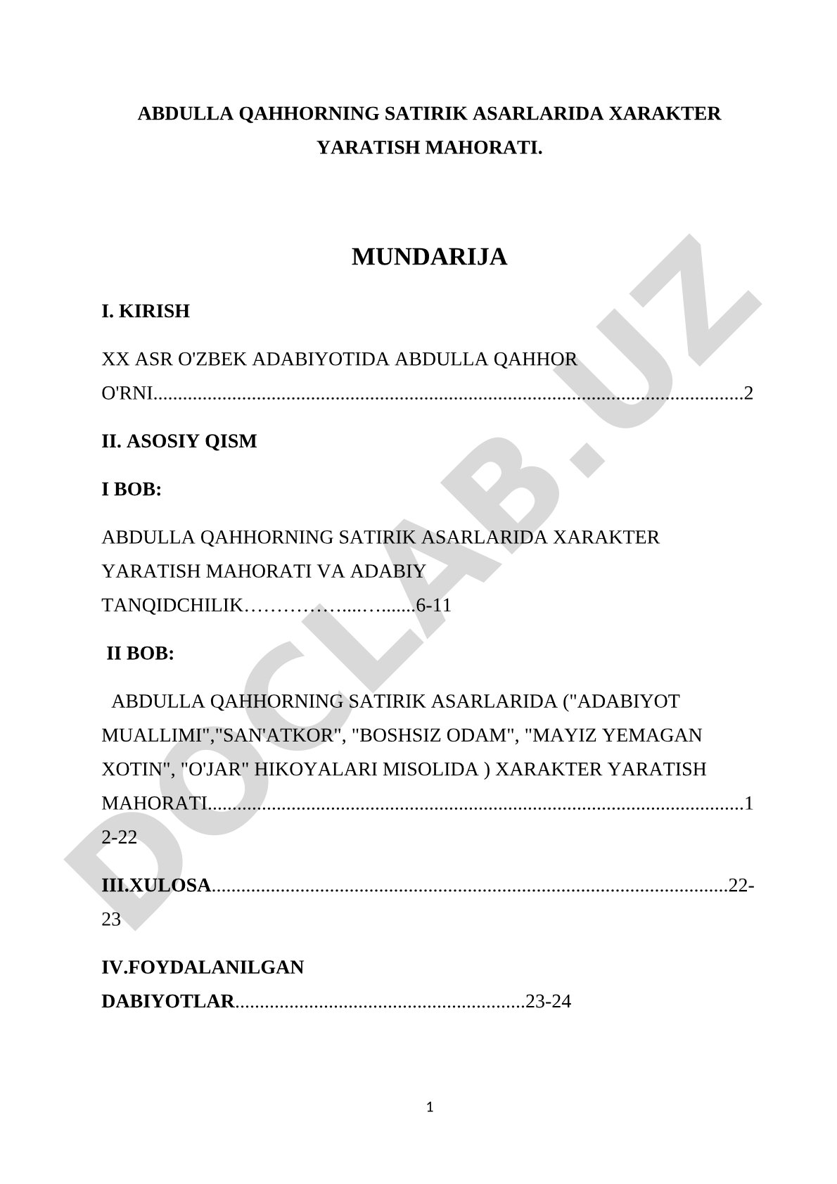 Abdulla Qahhorning satirik asarlarida xarakter yaratish mahorati