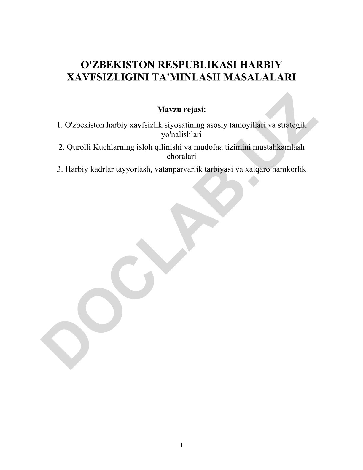 O'zbekiston Respublikasi harbiy xavfsizligini ta'minlash masalalari