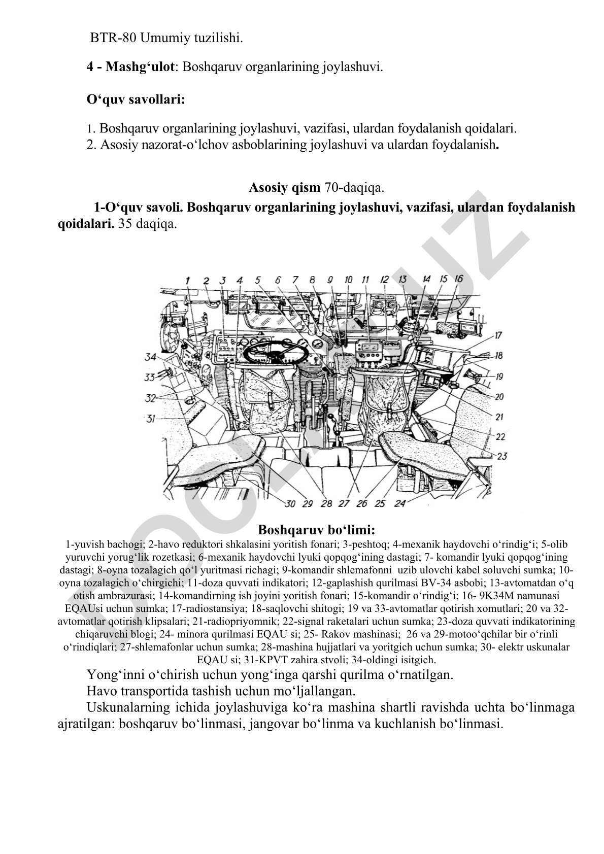 BTR-80 boshqaruv organlarining joylashuvi va foydalanish qoidalari