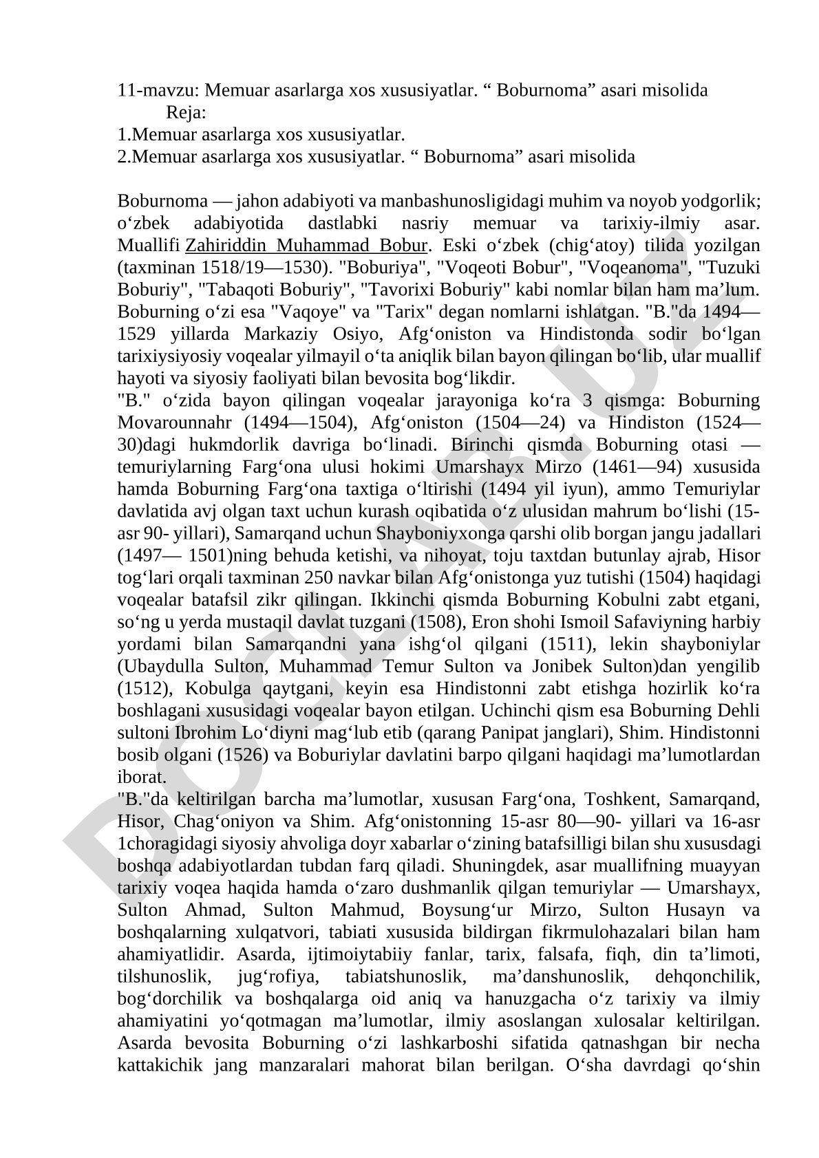 Memuar asarlarga xos xususiyatlar. Boburnoma asari misolida