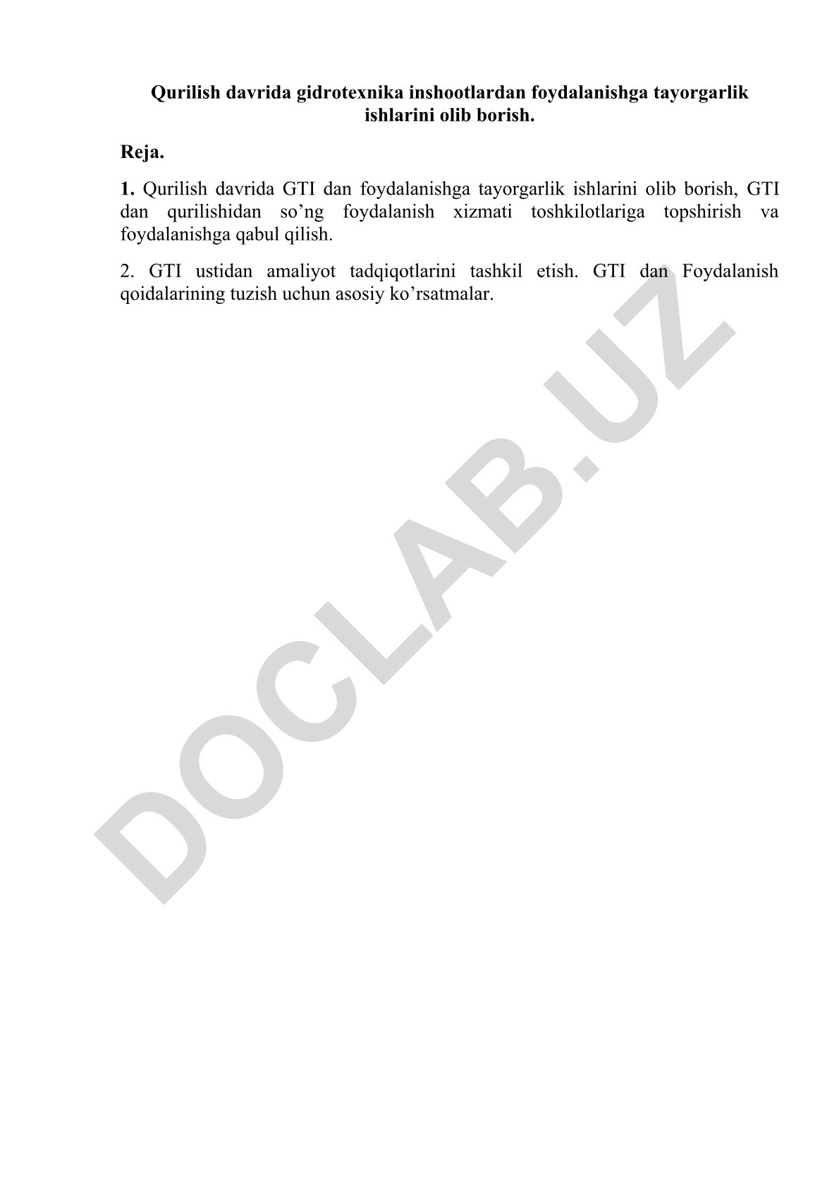Gidrotexnika inshootlaridan foydalanishga tayorgarlik ishlari