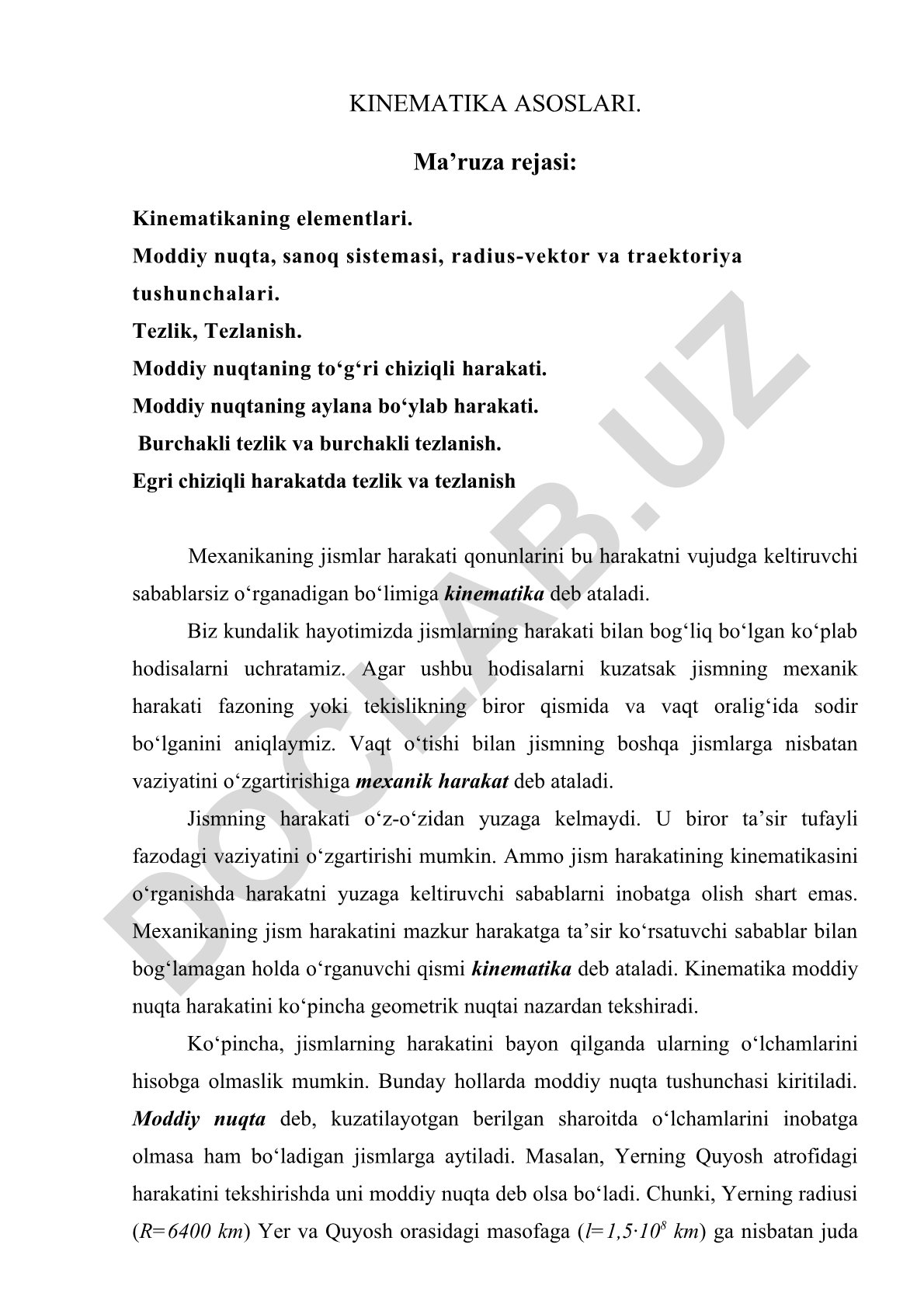 Kinematika asoslari va mexanik harakat tushunchalari