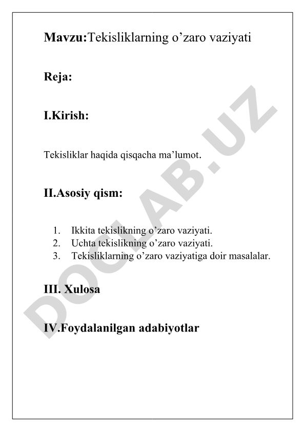 Tekisliklarning o’zaro vaziyati