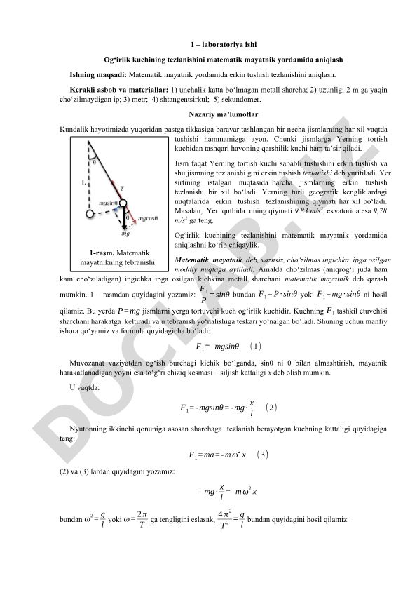Og'irlik kuchining tezlanishini matematik mayatnik yordamida aniqlash