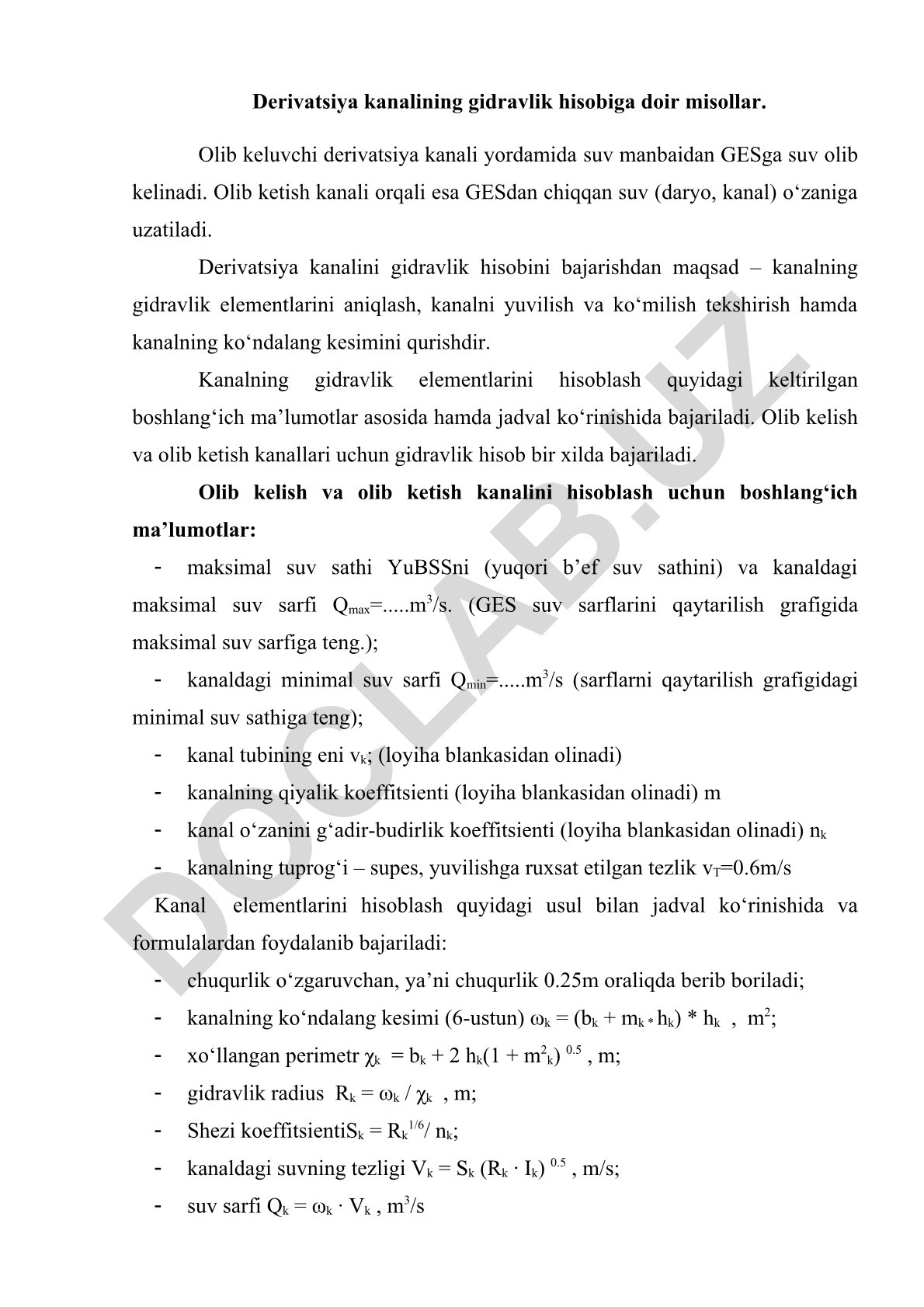 Derivatsiya kanalining gidravlik hisobi
