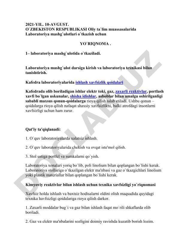 Oliy ta'lim muassasalarida laboratoriya mashg'ulotlari o'tkazish yo'riqnomasi