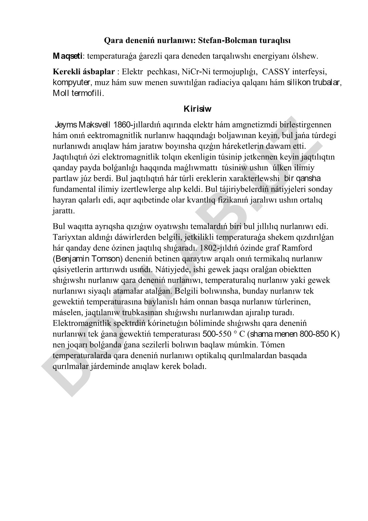 Qara deneniń nurlanıwı: Stefan-Bolcman turaqlısı