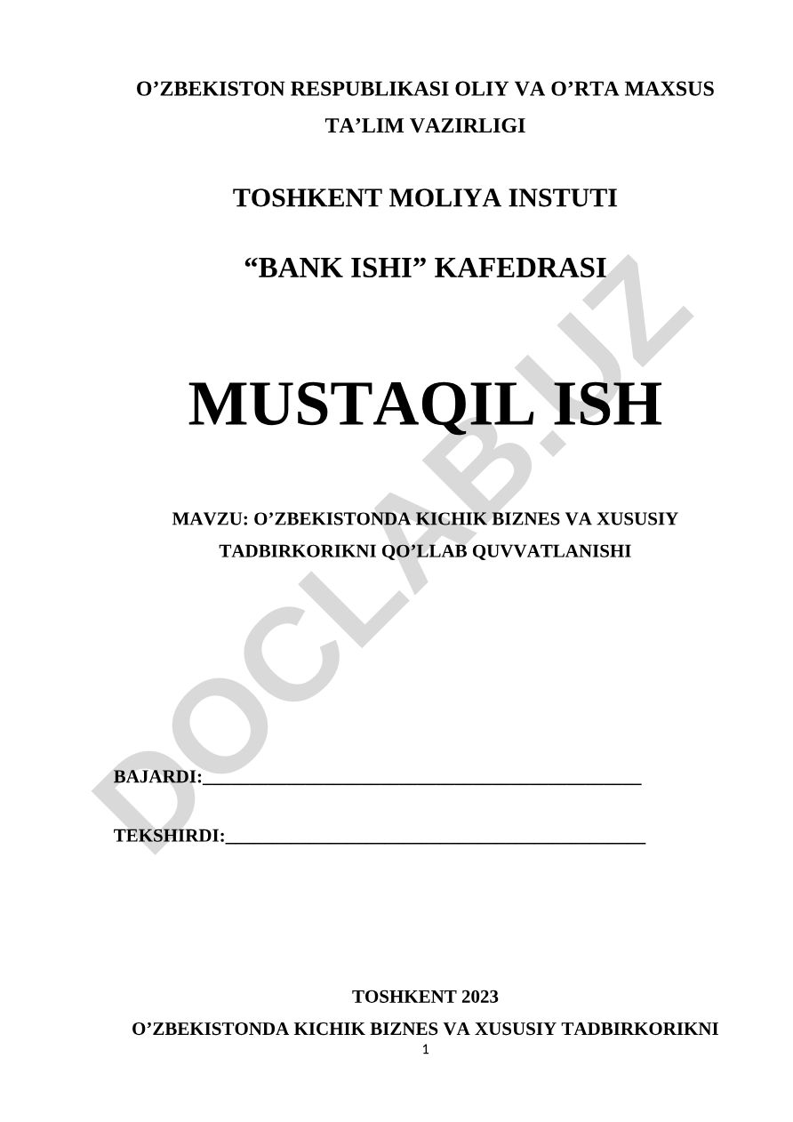O'zbekistonda kichik biznes va xususiy tadbirkorlikni qo'llab quvvatlanishi