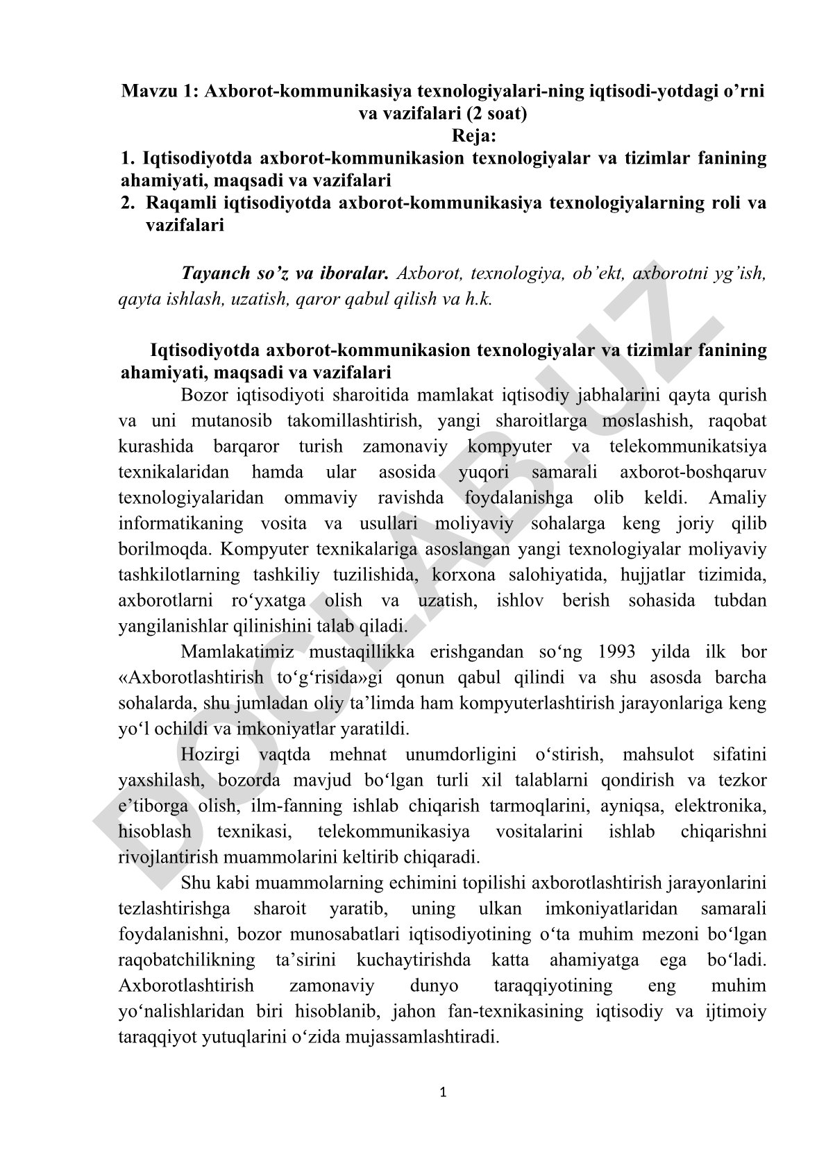 Axborot-kommunikasiya texnologiyalarining iqtisodiyotdagi o'rni va vazifalari